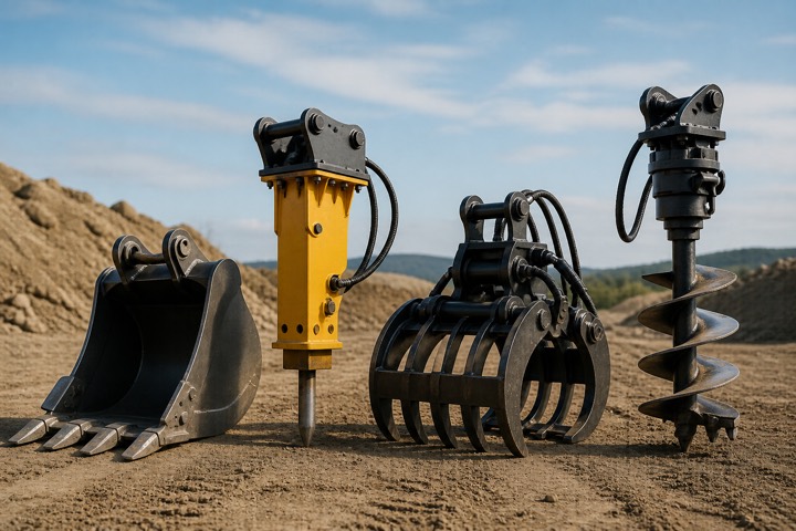 Heavy equipment attachments displayed on a job site