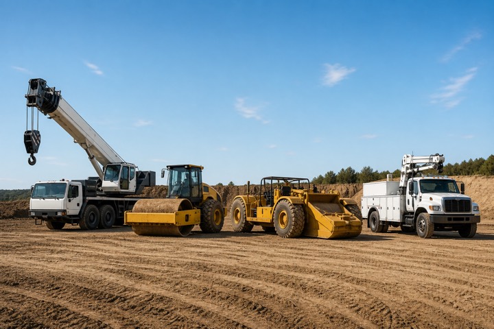 Mixed lineup of heavy equipment on a construction site