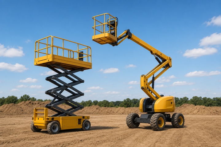 Scissor lift and boom lift on a construction site